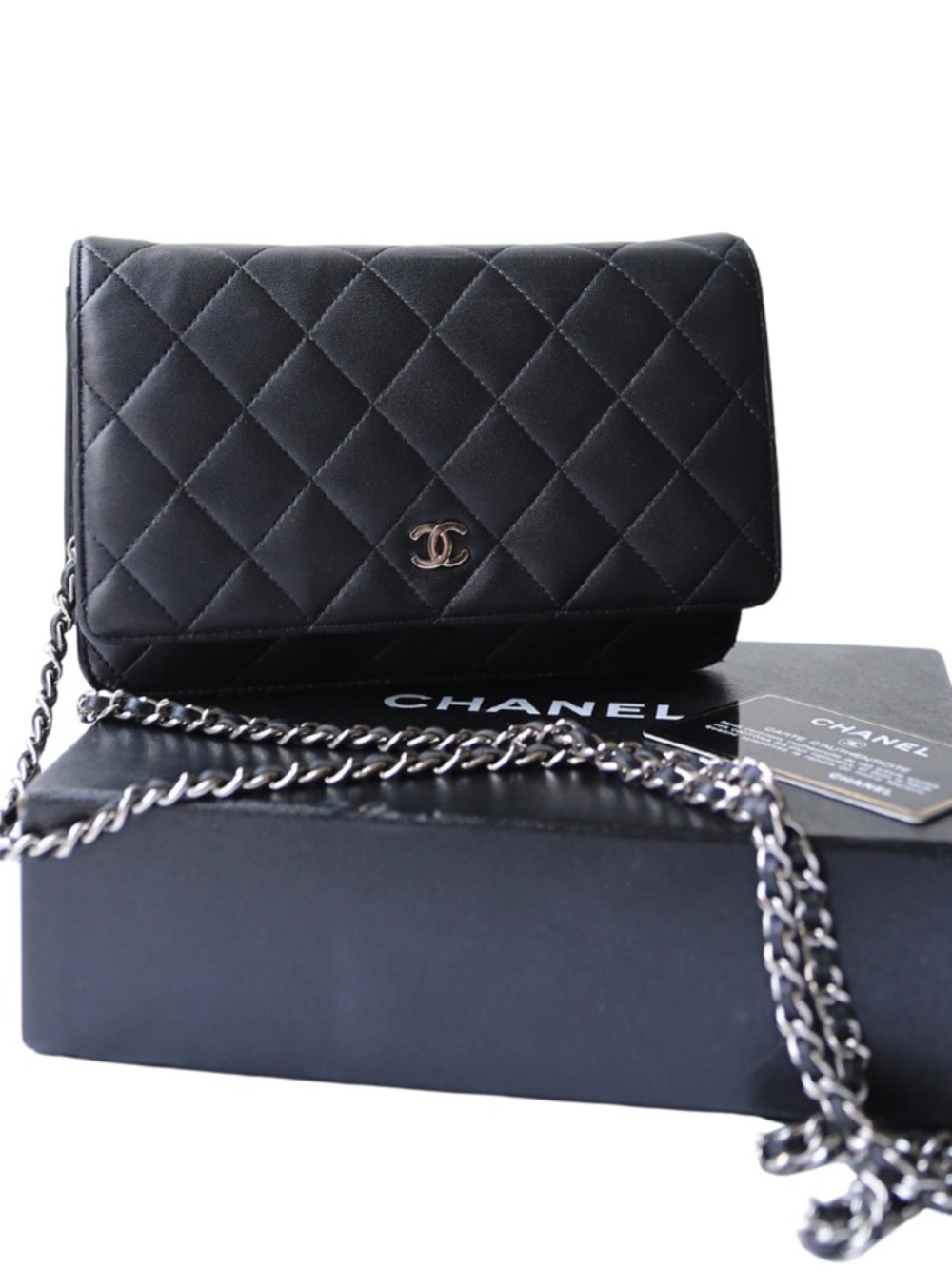 Chanel Wallet on Chain WOC Black Quilted Lambskin Silver Hardware with Box Card